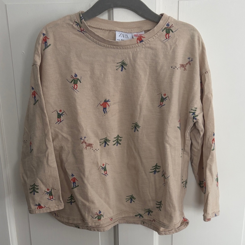 Zara 3-4T Kids Tan Long Sleeve Shirt with Ski and Tree Print